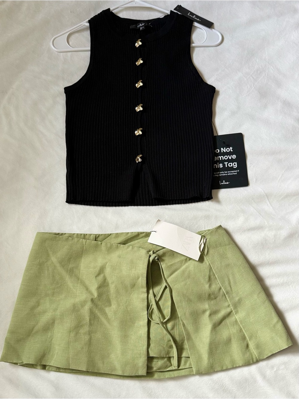 Lulu's Black Ribbed Button Tank with Sage Tie-Front Mini Skort
